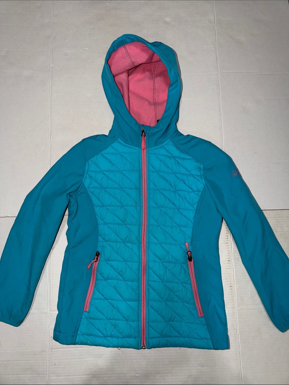 Snozu Teal Hooded Puffer Jacket with Pink Accents